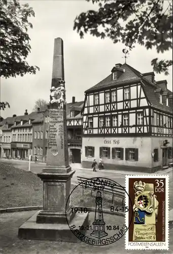 Maximum Ak Zwönitz im Erzgebirge Sachsen, Hotel Roß am Markt, Postmeilensäule