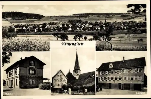 Ak Althengstett in Baden Württemberg, Panorama, Bahnhof, Schulhaus, Kirche