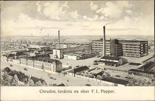 Ak Chrudim Region Pardubice, tovarna na obuv F. L. Popper, Fabrik, 1925