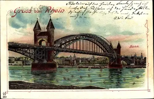 Litho Bonn am Rhein, Ansicht der Rheinbrücke, Partie vom Ort