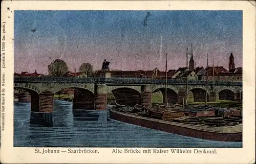 Luna Ak St. Johann Saarbrücken im Saarland, Alte Brücke mit Kaiser Wilhelm Denkmal