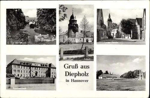 Ak Diepholz in Niedersachsen, Schloss, Freibad, Krankenhaus, Lange Straße, An der Münte