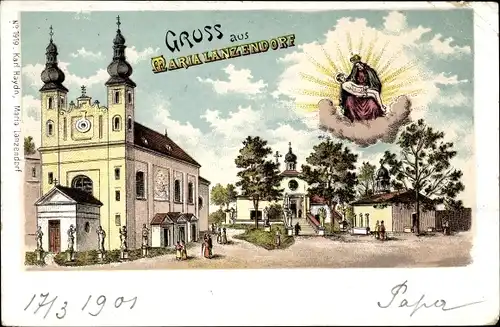 Litho Maria Lanzendorf Niederösterreich, Ortsansicht, Kirche, Maria mit Jesus