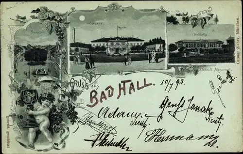 Mondschein Litho Bad Hall Oberösterreich, Kurhaus, Promenade, Trinkhalle, Weintrauben, Weinglas