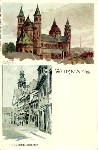 Künstler Litho Münch, C., Worms am Rhein, Friedrichskirche