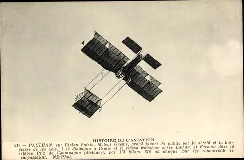 Ak Flugzeug, Histoire de l'Aviation, Paulhan, sur Biplan Voisin