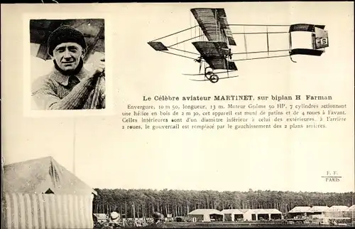 Ak L'Aviateur Martinet, sur biplan H. Farman, Flugpionier, Doppeldecker, Flugzeug