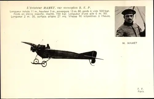 Ak Flugzeug, L'Aviateur Mamet, sur Monoplan R.E.P.