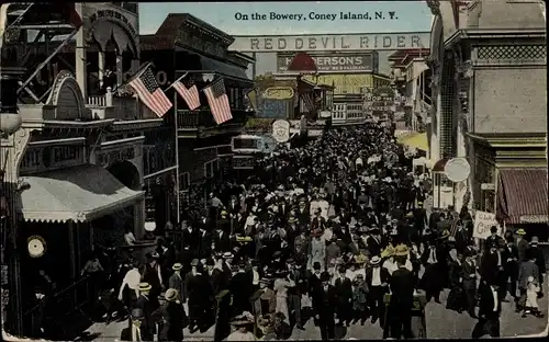 Ak Coney Island New York USA, On the Bowery, Besucher im Vergnügungspark, Red Devil Rider