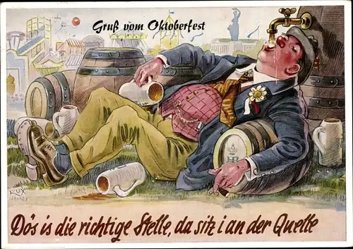 Künstler Ak Oktoberfest, Dös ist die richtige Stelle, Mann am Bierfass