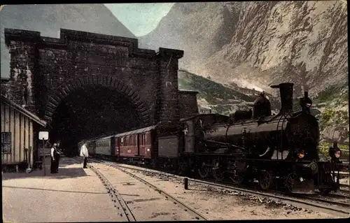 Ak Schweiz, Gotthardbahn, Der große Tunnel bei Goeschenen, Dampflok, Berge