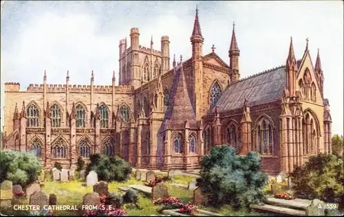 Künstler Ak Chester Cheshire England, Chester Cathedral from S.E., Kirche, Friedhof