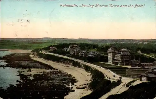 Ak Falmouth Cornwall England, shewing Marine Drive and the Hotel, Felsenküste, Stadtansicht