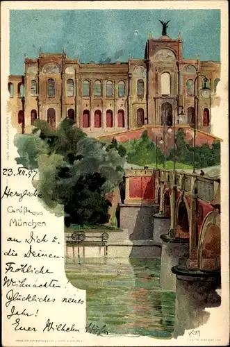 Künstler Litho Kley, Heinrich, München Bayern, Brücke und Maximilianeum