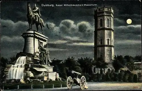 Mondschein Ak Duisburg im Ruhrgebiet, Kaiser Wilhelm Denkmal, Wasserturm