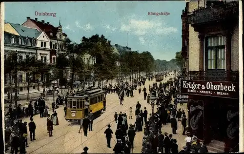 Ak Duisburg im Ruhrgebiet, Königstrasse, Zigarrengeschäft Krüger und Oberbeck, Straßenbahn