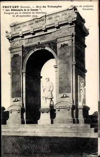 AK Proyart Somme, Arc de Triomphe, Inaugure par le General de Castelau le 28. Sept, 1924