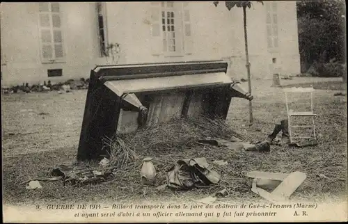 Ak Le Gué à Tresmes Seine et Marne, Guerre de 1915, Billard transporte dans le parc du chateau