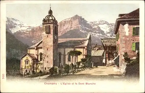 Ak Champéry Kanton Wallis, L'Eglise et la Dent Blanche