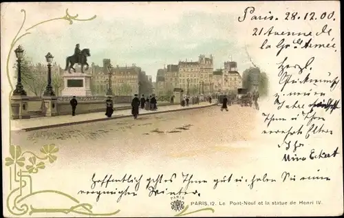 Ak Paris XII Frankreich, Le Pont-Neuf et la statue de Henri IV, Straße, Reiterdenkmal