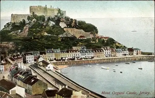Ak Gorey Jersey Kanalinseln, Mont Orgueil Castle, Panorama Uferpromenade