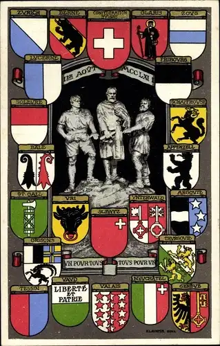 Wappen Ak Schweiz, Kantonswappen, Eidgenossenschaft, Un pour tous, Tous pour un