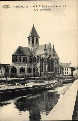 Ak Oudenaarde Audenarde Ostflandern, Kerk O. L. V. van Pamele, Kirche, Kanal, Boot