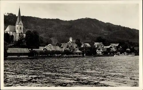 Ak Maria Wörth am Wörthersee Kärnten, Blick von See auf Ort und Kirche