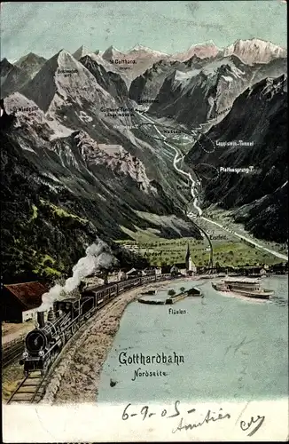 Ak Flüelen Kt. Uri Schweiz, Gotthardbahn, Erstfeld, Dammastock, Leckihorn, Galenstock
