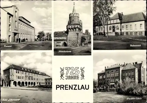 Ak Prenzlau in der Uckermark, Postamt, Badeanstalt, Mitteltorturm, Puschkin Schule, Hotel