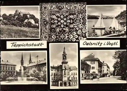 Ak Oelsnitz im Vogtland, Burg, Kirche, Ernst-Thalmann-Platz, Rathaus, Straßenansicht, Teppich