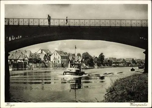 Ak Hoya an der Weser, Brücke, Schiff, Weserpartie
