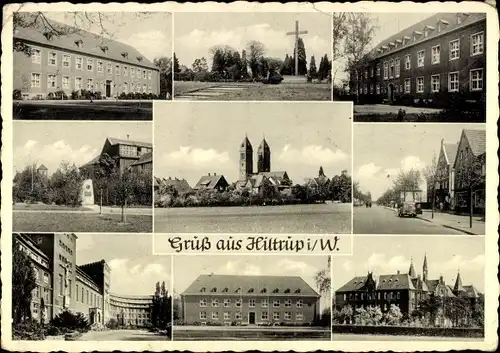 Ak Hiltrup Münster in Westfalen, Kirche, Kreuz, Straßenpartien, Denkmal