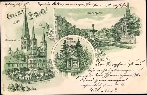 Litho Bonn am Rhein, Kaiserpfalz, Kriegerdenkmal, Münsterkirche