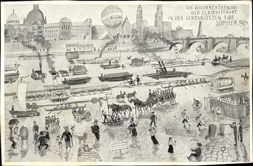 Ak Dresden Altstadt, Die Wiedereröffnung d. Elbschifffahrt i. d. Elbe, Sommer 1904