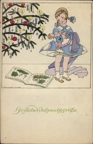 Künstler Ak Glückwunsch Weihnachten, Mädchen, Puppe, Tannenbaum