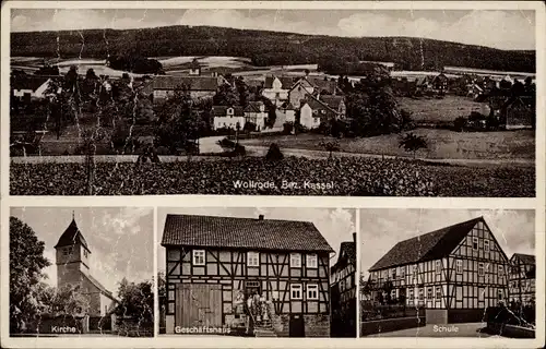 Ak Wollrode Guxhagen in Hessen, Gesamtansicht, Kirche, Geschäftshaus, Schule