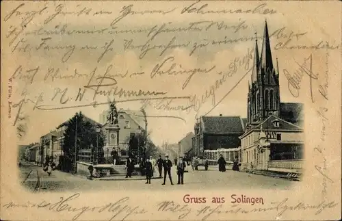 Ak Solingen in Nordrhein Westfalen, Blick auf einen Platz, Denkmal, Hotel, Kirchturm