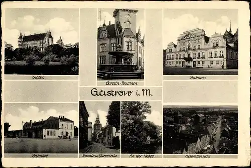 Ak Güstrow im Kreis Rostock, Schloss, Rathaus, Partie an der Nebel, Bahnhof, Gesamtansicht, Dom