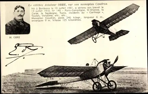 Ak Aviateur Obre, sur son monoplan Caudron, Pilot, Flugpionier, Flugzeug