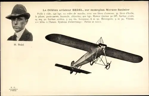 Ak Celebre aviateur M. Bedel, sur monoplan Morane Saulnier, Flugpionier, Flugzeug