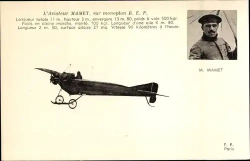 Ak Flugzeug, L'Aviateur Mamet, sur Monoplan R.E.P.