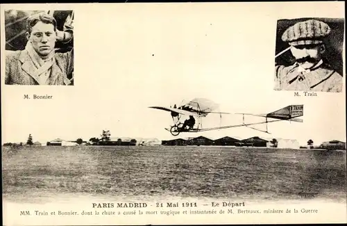 Ak Paris Madrid 1911, Le Depart, Train et Bonnier, Flugpioniere, Flugzeug