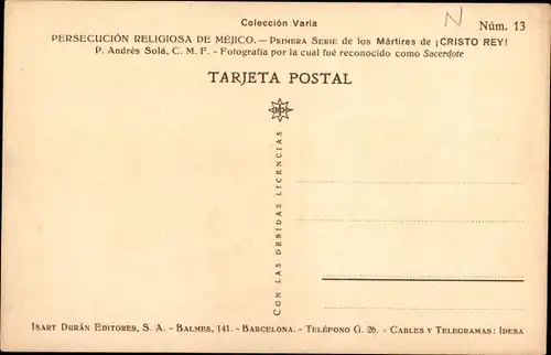 Ak P. Andres Sola, C. M. F. martirizado en S. Joaquin, Erstkommunion