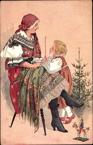 Ak Glückwunsch Weihnachten, Tannenbaum, Tschechische Tracht
