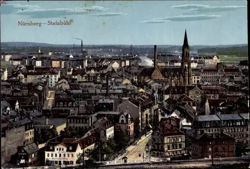 Ak Steinbühl Nürnberg in Mittelfranken Bayern, Vogelschau auf den Ortsteil, Kirche, Brücke