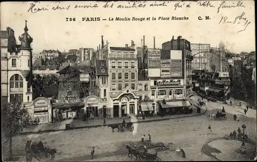 Ak Paris XVIII. Arrondissement Buttes-Montmartre, Le Moulin Rouge et la Place Blanche