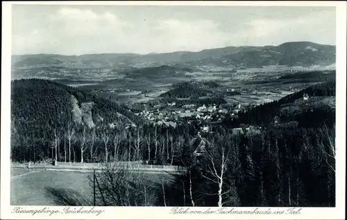 Ak Brückenberg bei Krummhübel Riesengebirge Schlesien, Blick von der Teichmannbaude ins Tal