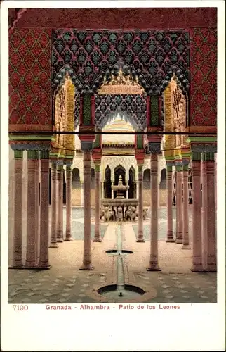 Ak Granada Andalusien Spanien, Alhambra, Patio de los Leones, Brunnen