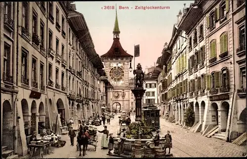 Ak Bern Stadt, Blick auf den Zeitglockenturm, Straßenbahn, Kutsche